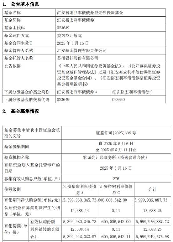 华夏国际 汇安裕宏利率债债券成立 规模60亿元